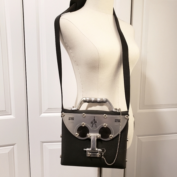 HI-tek Industrial cyber punk pareidolia black vegan rubber messenger unisex bag - Picture 2 of 10